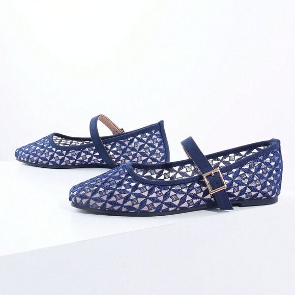 Shoes - Blue Elegant Women's Woven Square Toe Slip-On Flats